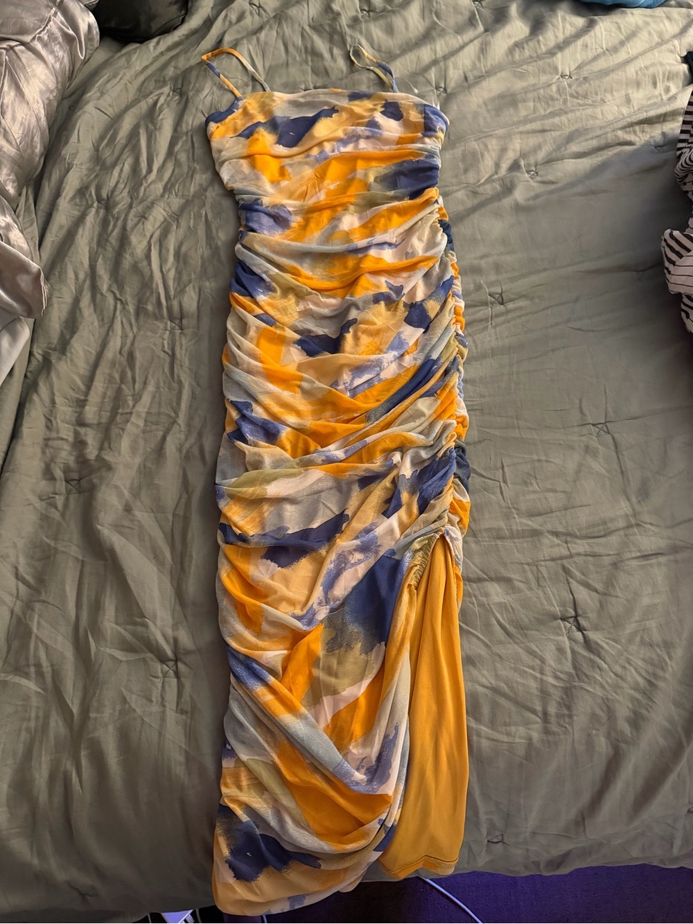 Fashion Nova Yellow and Blue Ruched Spaghetti-Strap Maxi Dress